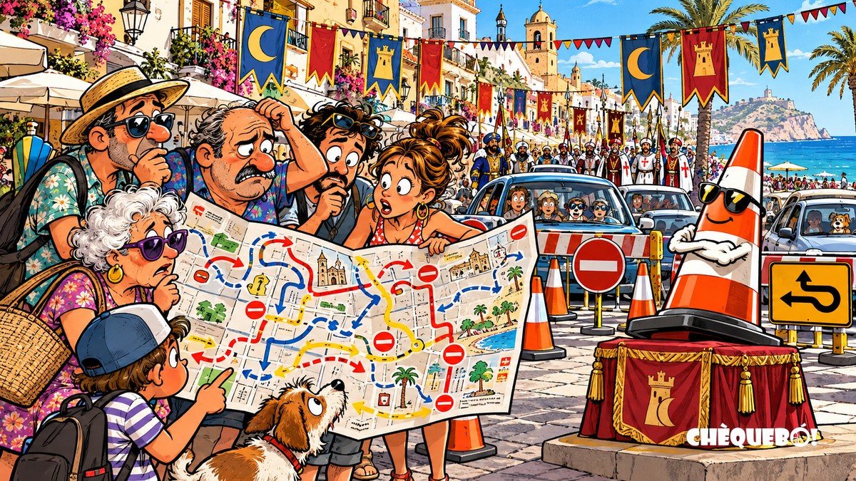 viñeta pop art de El Campello con vecinos mirando un mapa de desvíos por Moros y Cristianos