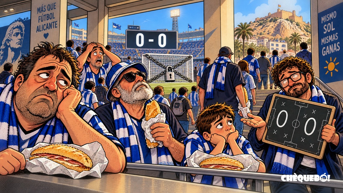 viñeta pop art de aficionados del Hércules con bocadillos ante un 0-0
