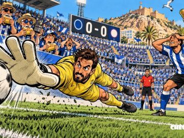 viñeta pop art de Morillas parando un penalti en el Hércules 0-0 Real Jaén
