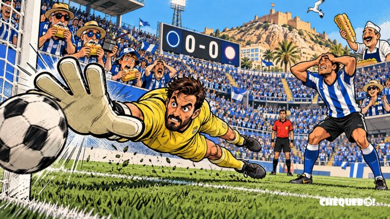 viñeta pop art de Morillas parando un penalti en el Hércules 0-0 Real Jaén