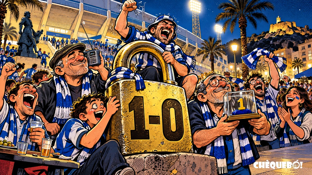 viñeta pop art de la afición del Hércules celebrando un 1-0 con candado