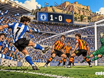 viñeta pop art del Hércules 1-0 Sant Andreu con gol de Obeng en el Rico Pérez