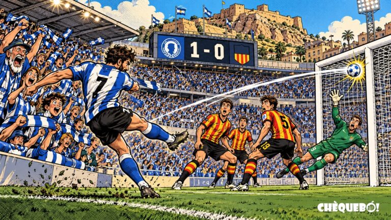 viñeta pop art del Hércules 1-0 Sant Andreu con gol de Obeng en el Rico Pérez