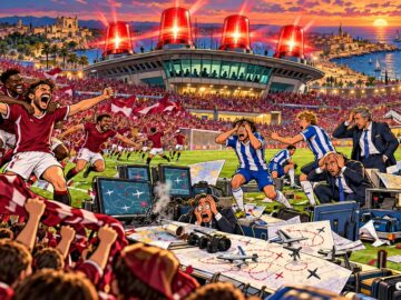 Viñeta satírica del Nàstic-Hércules 4-2 con cuatro alarmas en el Nou Estadi