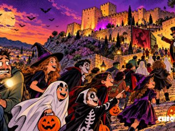 viñeta pop art de la Noche de Miedo de Petrer con familias disfrazadas subiendo al castillo