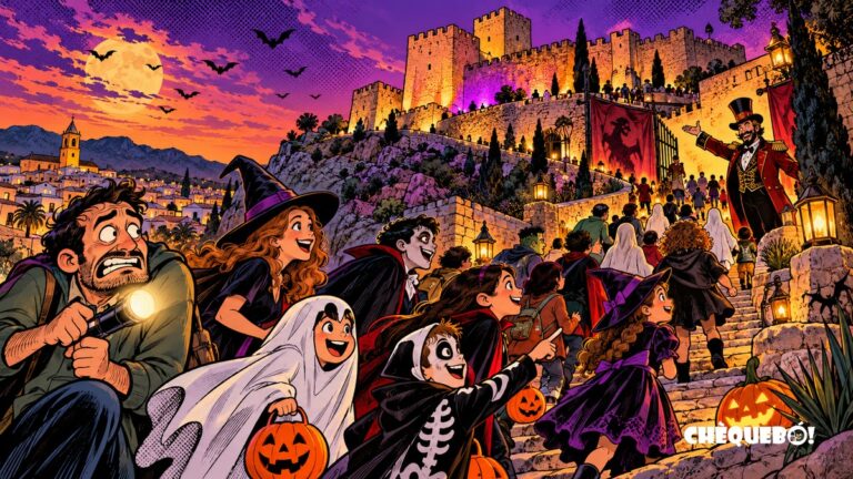 viñeta pop art de la Noche de Miedo de Petrer con familias disfrazadas subiendo al castillo