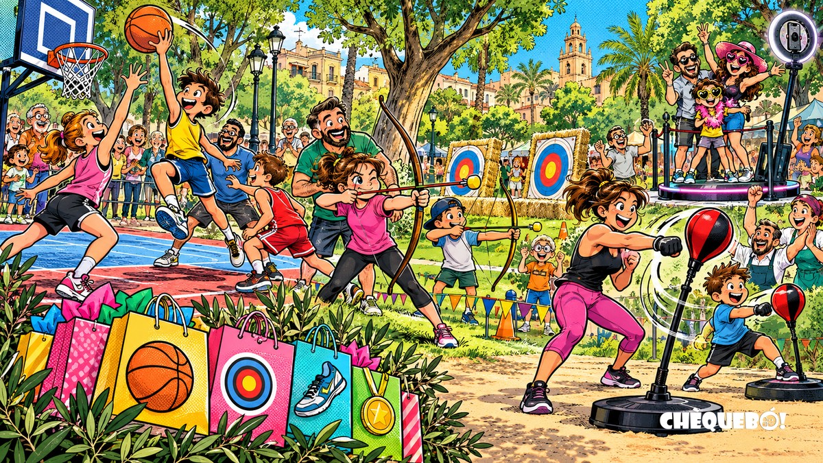 viñeta pop art de familias practicando baloncesto tiro con arco y speedball en Orihuela