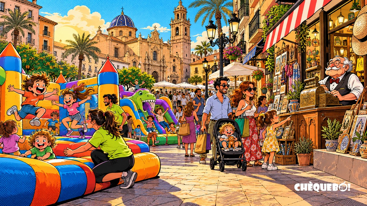 viñeta pop art de familias y comercios junto a hinchables en una plaza de Orihuela