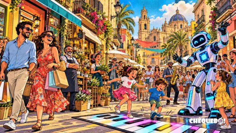 viñeta pop art del Día del Comercio Local de Orihuela con piano gigante y robot LED